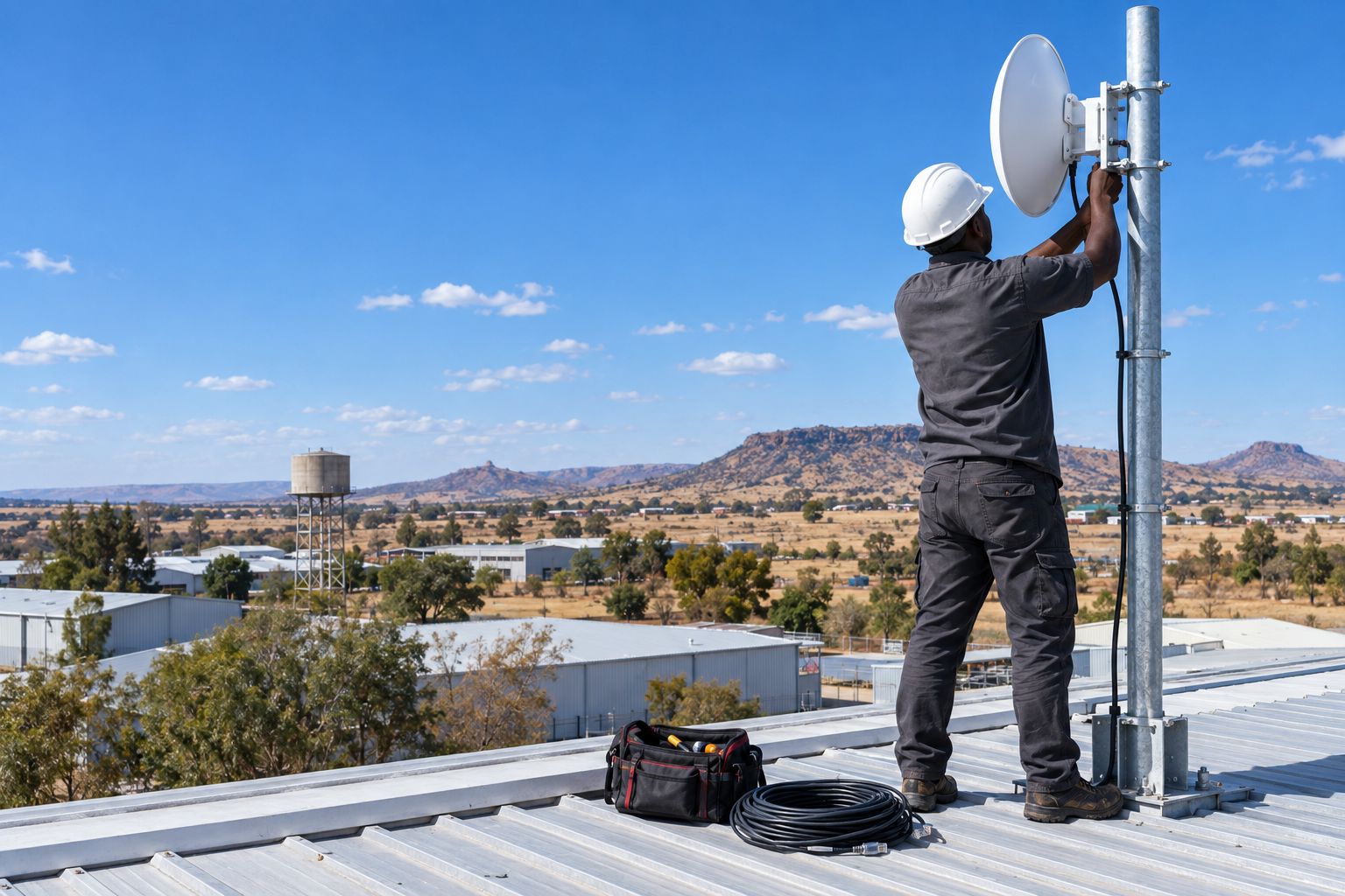 AUXIOM technician mounting a point-to-point wireless dish on a rooftop mast