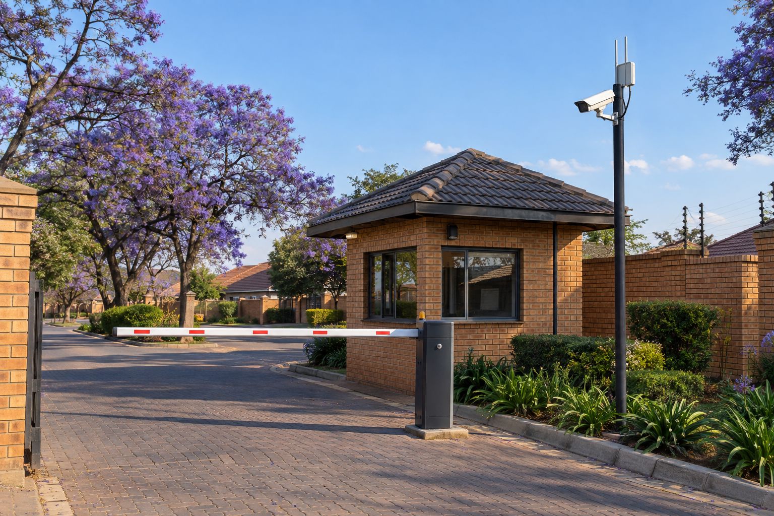 Residential estate gatehouse with CCTV and wireless on a pole