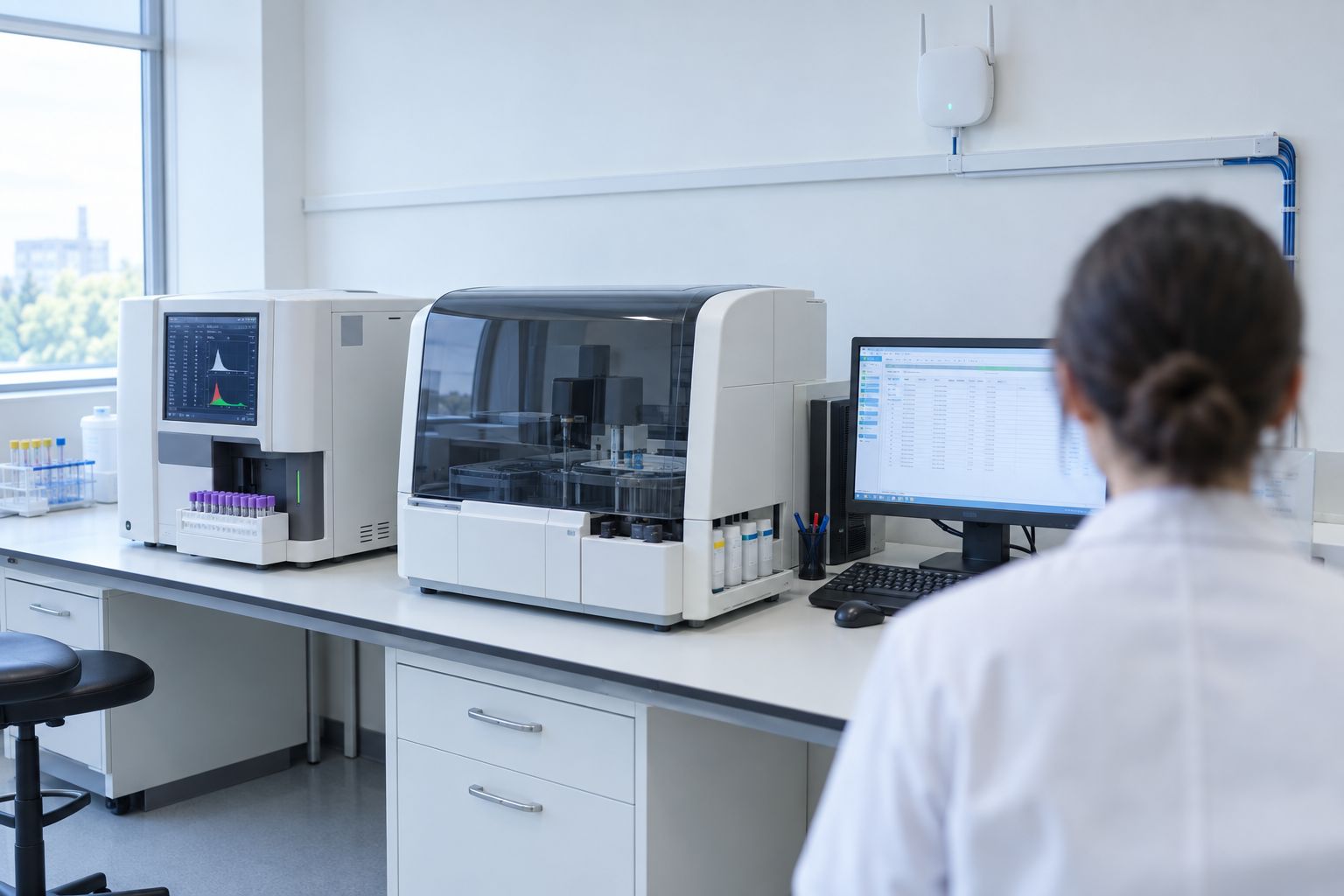 Clinical laboratory bench with analysers and a networked workstation