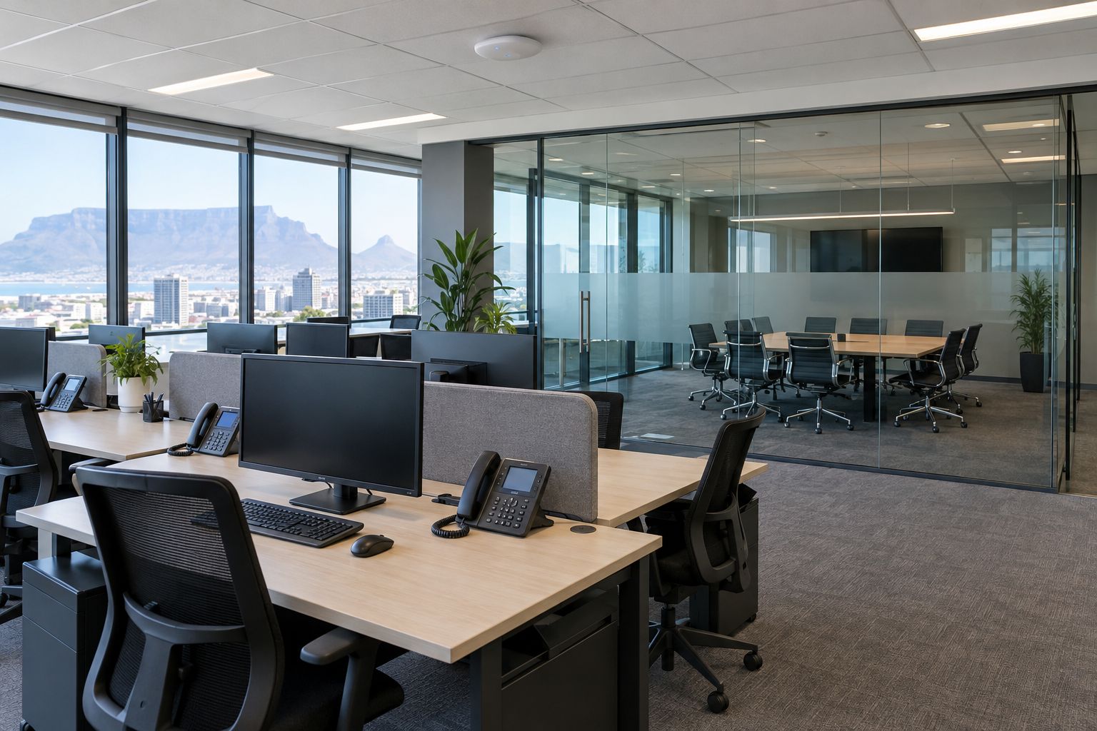 Open-plan office with VoIP phones and ceiling access point