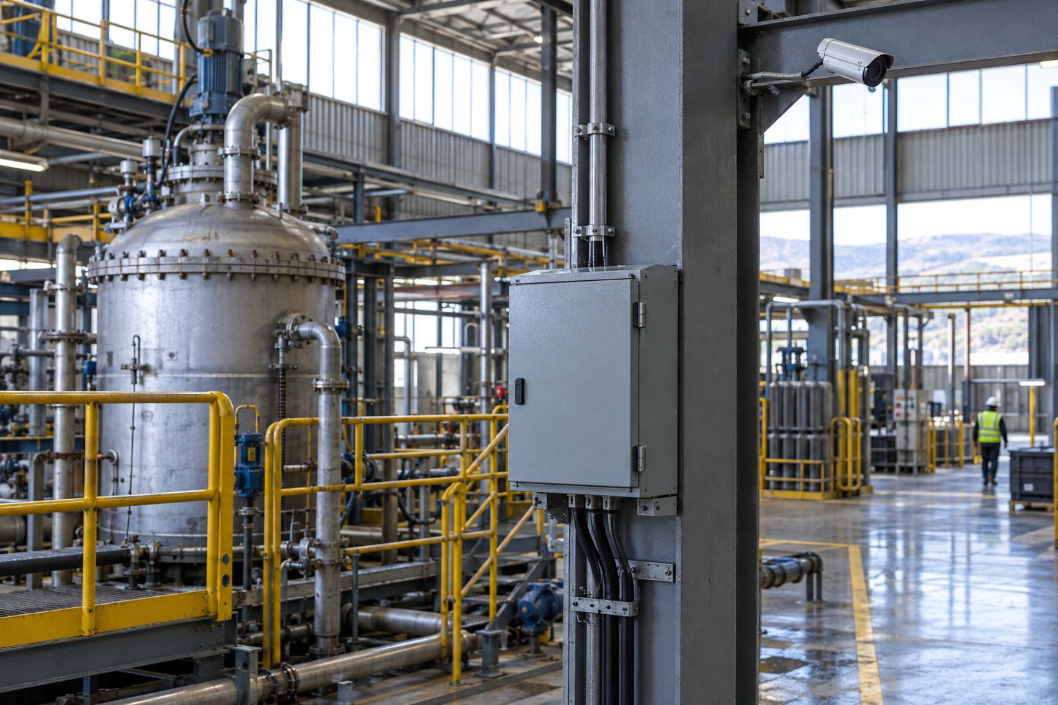 Plant floor with an industrial network cabinet and CCTV camera on a steel column