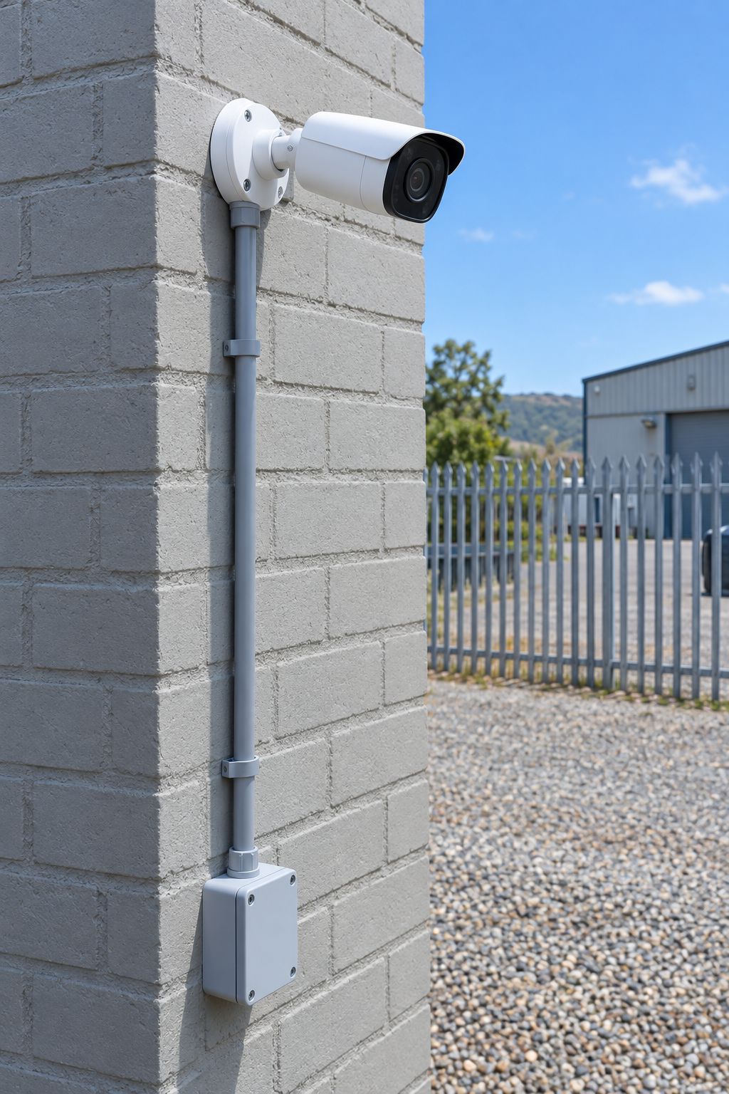Outdoor IP CCTV camera mounted on a brick wall with conduit