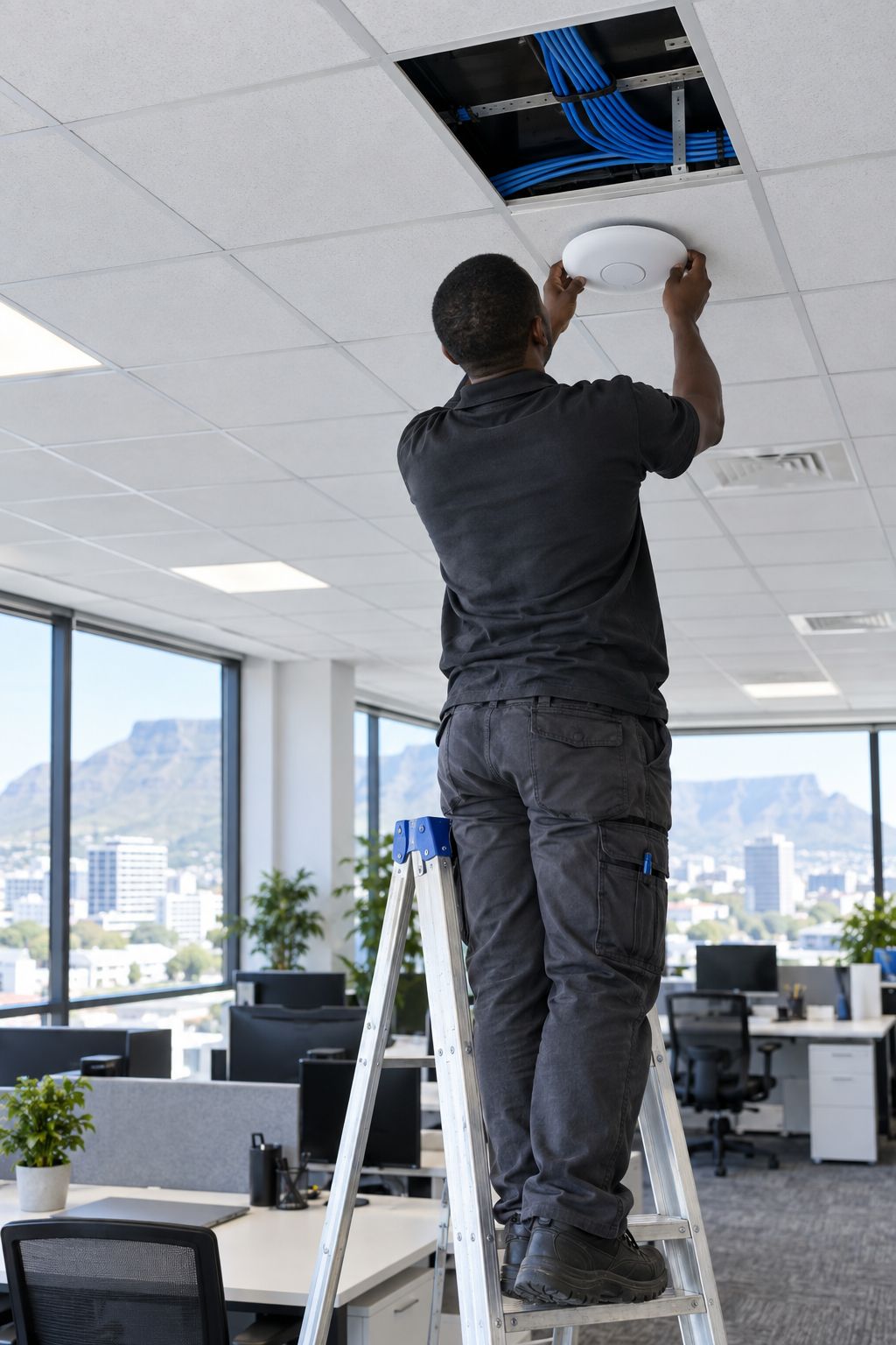 Technician fitting a ceiling-mounted Wi-Fi access point