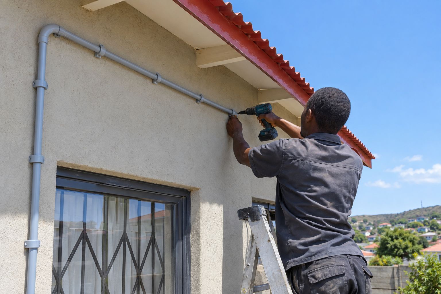 Technician fixing external conduit under the eaves of a building