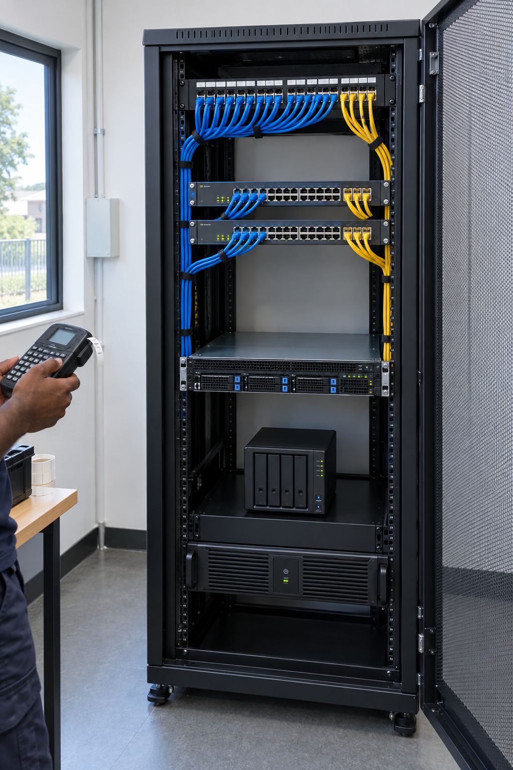 Network rack with switches, server, storage and UPS