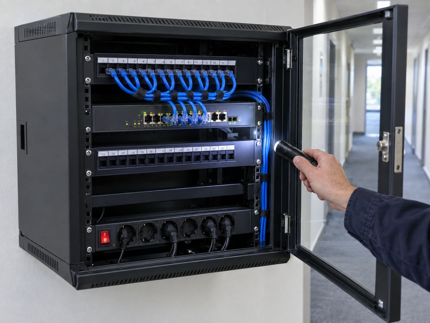 Open wall-mounted network cabinet with labelled patch panel and PoE switch