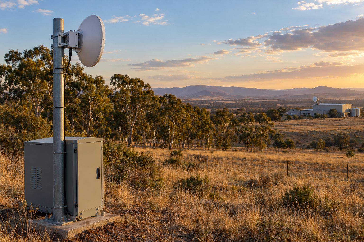 Point-to-point wireless link on a pole beside an outdoor cabinet, linking to a distant building